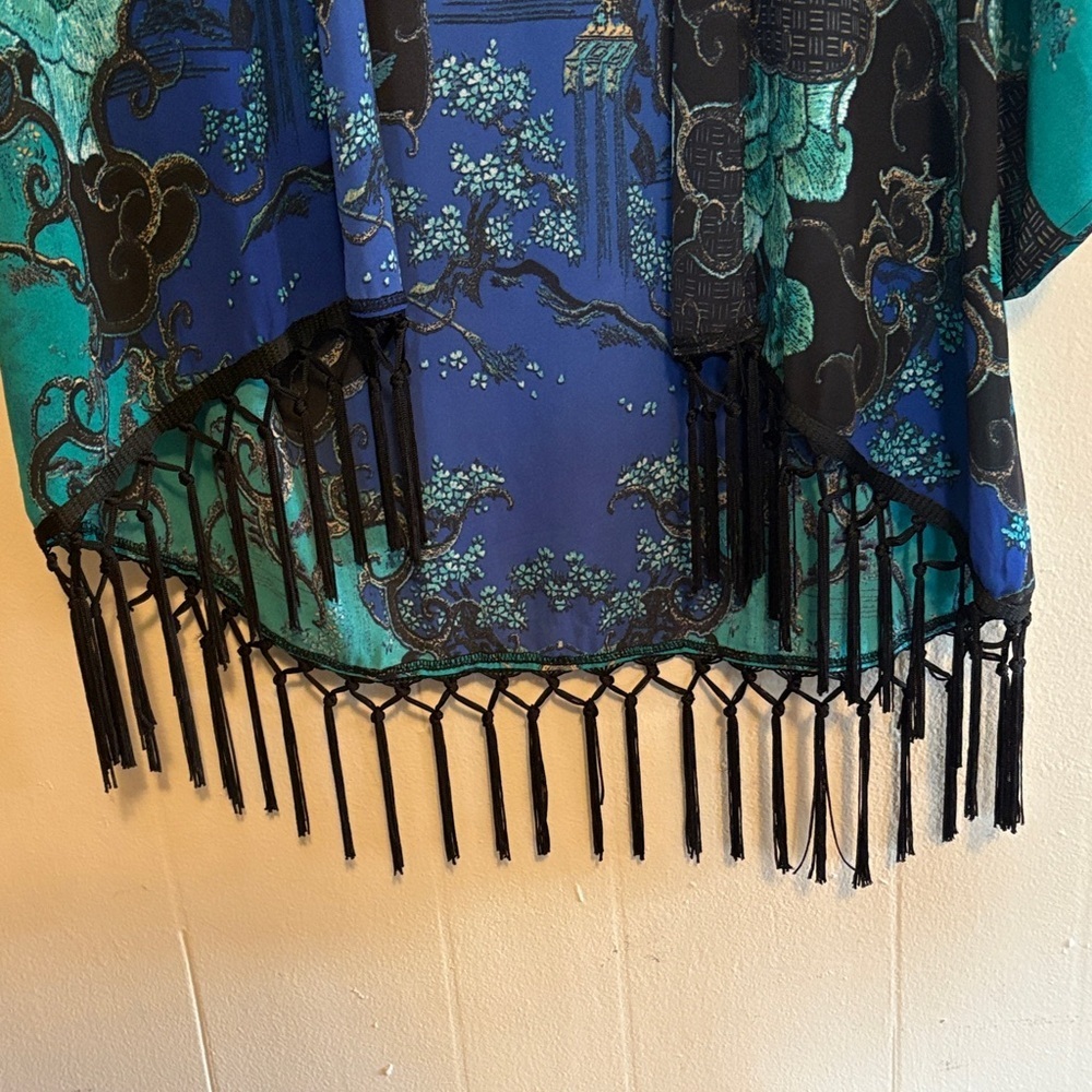 Festival ready Chico's Teal and Black Patterned Kimono with Fringe - Picture 2 of 5